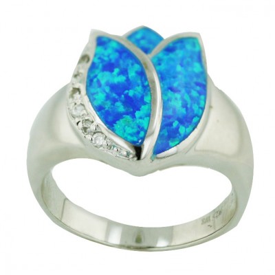 Sterling Silver Ring Blue Opal (K-5) +Clear Cubic Zirconia Tulip - 8