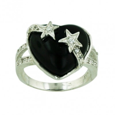 Sterling Silver Ring 16mm Onyx Heart with 2 Cubic Zirconia Star Bezel Set