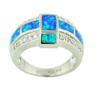 Sterling Silver Ring Blue Opal (K-5) Making Cross+Clear Cubic Zirconia