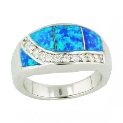 Sterling Silver Ring Blue Opal (K-5) +Curvy Clear Cubic Zirconia Lines