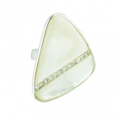Sterling Silver Ring Flat Triangle White Mother of Pearl+Clear Cubic Zirconia Lines Acros