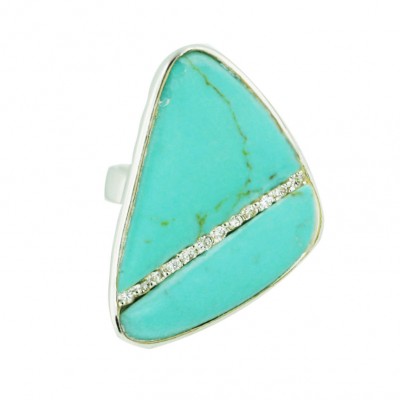 Sterling Silver Ring Flat Triangle Faux Turquoise+Clear Cubic Zirconia Lines Across