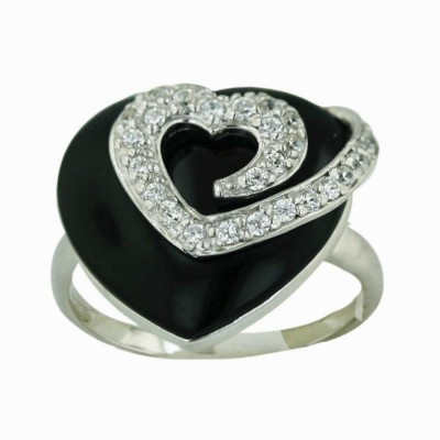 Sterling Silver Ring Cabochon Onyx Heart+Clear Cubic Zirconia Heart Top