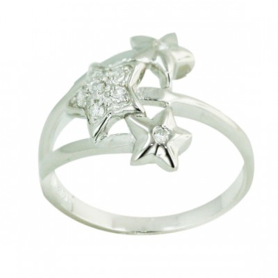 Sterling Silver Ring Tri Stars Cubic Zirconia