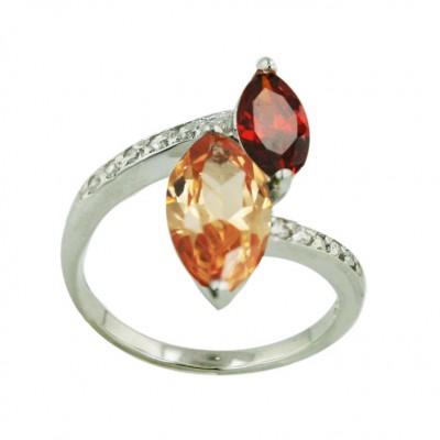 Sterling Silver Ring (12X7mm) Champagne Cubic Zirconia+ (10X5mm) Garnet Cubic Zirconia Marquis