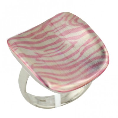 Sterling Silver Ring 31X29mm Pink+Gray Enamel Zebra Print Slope