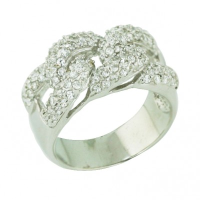Sterling Silver Ring Pave Clear Cubic Zirconia Twisted Oval Links