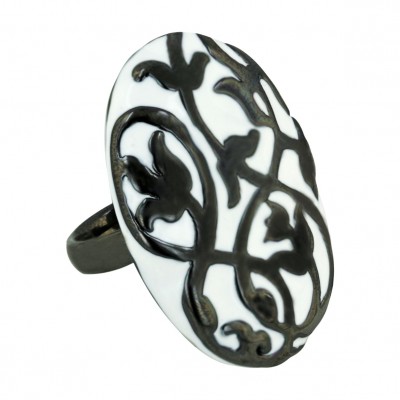 Sterling Silver Ring 40X28mm Ruthenium Plate+White Enamel Flora