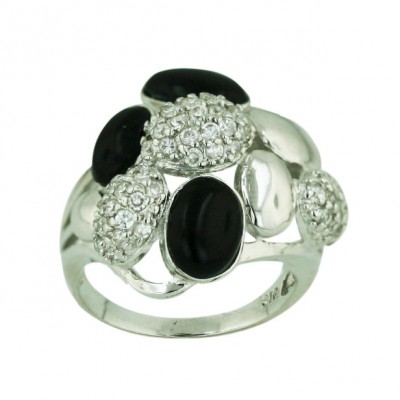 Sterling Silver Ring Round Triple Onyx+Clear Cubic Zirconia+Plain