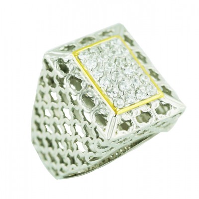 Sterling Silver Ring 19.5mmx16.5mm Gold Tone Pave Cubic Zirconia Rectangular with Pl