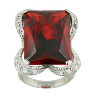 Sterling Silver Ring 23mmx16mm Garnet Cubic Zirconia Rectangular Facetted Cut with Clear Cubic Zirconia