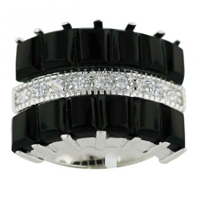 Sterling Silver Ring Onyx Double Rectangular Bars with Clear Cubic Zirconia Ctr