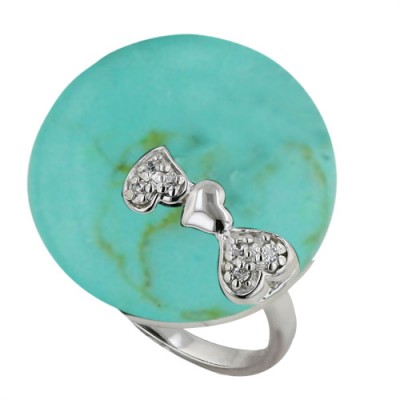 Sterling Silver Ring 22mm Faux Turquoise Round with Clear Cubic Zirconia+Plain Heart