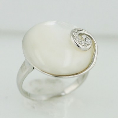 Sterling Silver Ring 20.5mm White Mother of Pearl Round with Clear Cubic Zirconia Swirl
