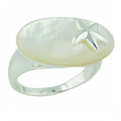 Sterling Silver Ring 13.5mm Long Oval White Mother of Pearl with Plain Starfish-