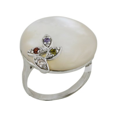Sterling Silver Ring 19mm Round White Mother of Pearl with Garnet +Champagne+Lv+Olivine Cubic Zirconia with Ma