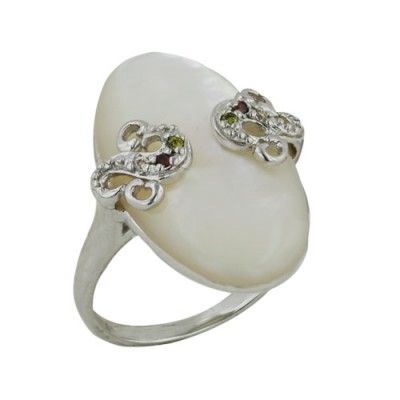 Sterling Silver Ring 13.5mm Oval White Mother of Pearl with Garnet +Olivine+Champagne Cubic Zirconia Swirl