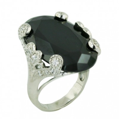 Sterling Silver Ring 28X20mm Oval Black Cubic Zirconia with Clear Cubic Zirconia Hearts both Sid