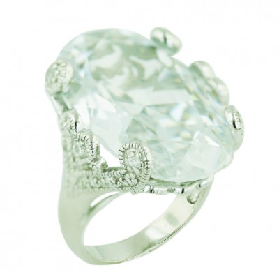Sterling Silver Ring 28X20mm Oval Clear Cubic Zirconia with Clear Cubic Zirconia Hearts both Si