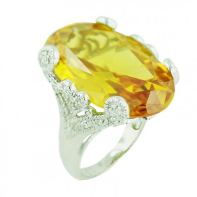 Sterling Silver Ring 28X20mm Oval Canary Yellow Cubic Zirconia with Clear Cubic Zirconia Hear