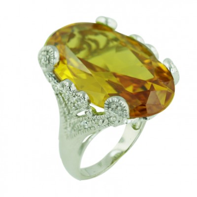 Sterling Silver Ring 28X20mm Oval Canary Yellowz with Clear Cubic Zirconia Hearts