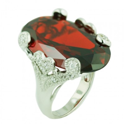 Sterling Silver Ring 28X20mm Oval Garnet Cubic Zirconia with Clear Cubic Zirconia Hearts both Sid