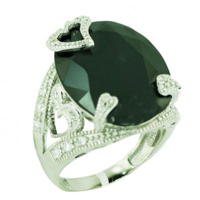Sterling Silver Ring 22X17mm Oval Black Cubic Zirconia Facetted Cut with Clear Cubic Zirconia Op