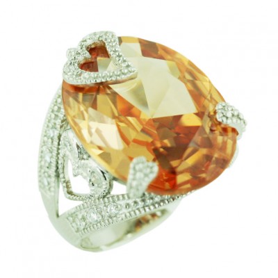 Sterling Silver Ring 22X17mm Oval Champagne Cubic Zirconia Facetted Cut with Clear Cubic Zirconia Op