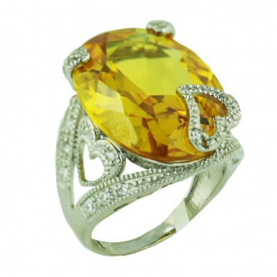 Sterling Silver Ring 22X17mm Oval Canary Yellow Cubic Zirconia Facetted Cut