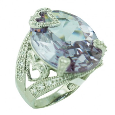 Sterling Silver Ring 22X17mm Oval Lv Cubic Zirconia Facetted Cut with Clear Cubic Zirconia Op