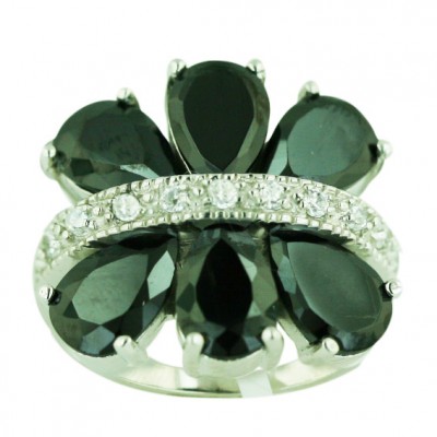Sterling Silver Ring 6X9mm Black Cubic Zirconia Flower Petals with Clear Cubic Zirconia Line Ctr-R