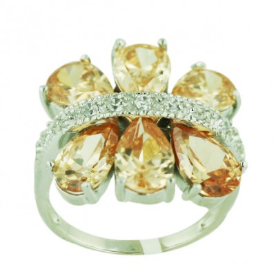 Sterling Silver Ring 6X9mm Champagne Cubic Zirconia Flower Petal with Clear Cubic Zirconia Line Ctr -E