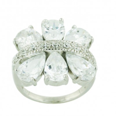 Sterling Silver Ring 6X9mm Clear Cubic Zirconia Flower Petals with Clear Cubic Zirconia Ctr-E-coated-
