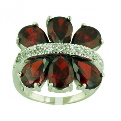 Sterling Silver Ring 6X9mm Garnet Cubic Zirconia Flower Petals with Clear Cubic Zirconia Ctr -Rhodium Plating-