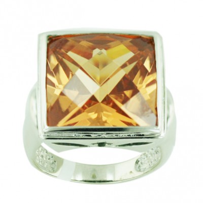 Sterling Silver Ring 17.5X17.5mm Square Champagne Cubic Zirconia Chess Cut--E-coated/Nickle Free--