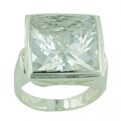 Sterling Silver Ring 17.5X17.5 Square Clear Cubic Zirconia Chess Cut--Rhodium Plating/Nickle Free--