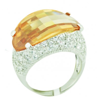 Sterling Silver Ring 20.5mm Up+Down Concave Champagne Cubic Zirconia Barrel Cut with