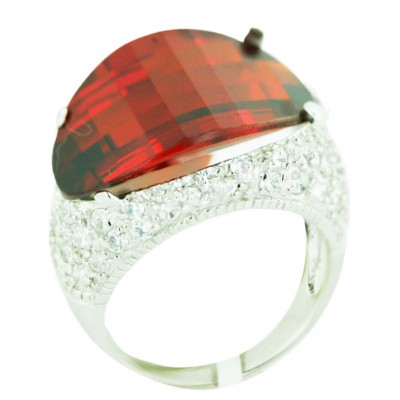 Sterling Silver Ring 20.5mm Up+Down Concave Garnet Cubic Zirconia Barrel Cut with