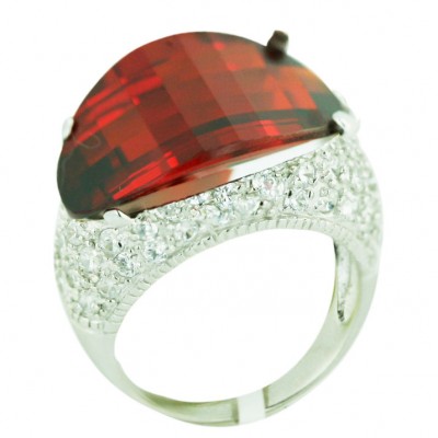 Sterling Silver Ring 20.5mm Up+Down Concave Garnet Cubic Zirconia Barrel Cut with