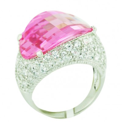 Sterling Silver Ring 20.5mm Up+Down Concave Pink Cubic Zirconia Barrel Cut with