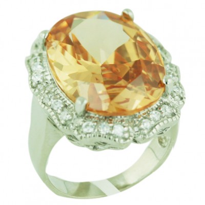 Sterling Silver Ring 20X15mm Oval Champagne Cubic Zirconia with Clear Cubic Zirconia Around--E-coated/Nickle Free-