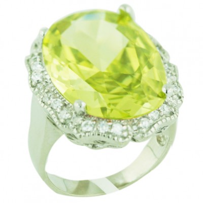 Sterling Silver Ring 20X15mm Oval Light Garnet Cubic Zirconia with Clear Cubic Zirconia Around--E-coated