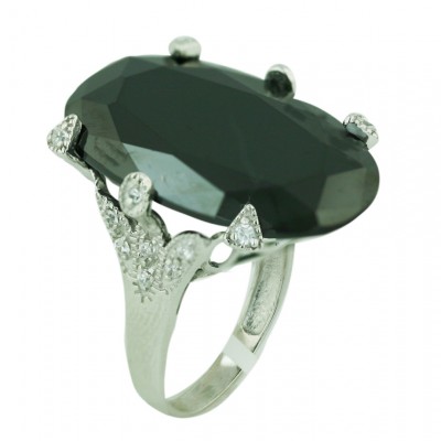 Sterling Silver Ring 28X17mm Oval Black Cubic Zirconia with Clear Cubic Zirconia Sides-Rhodium Plating/Nickle Free-