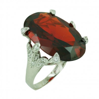 Sterling Silver Ring 28X17mm Oval Garnet Cubic Zirconia Ctr with Clear Cubic Zirconia Sides-Rhodium Plating-