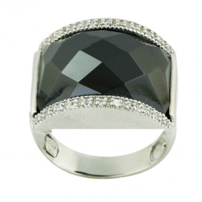 Sterling Silver Ring 18X22mm Black Cubic Zirconia Chess Cut with Clear Cubic Zirconia Top+Botto - 8