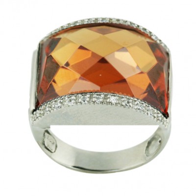 Sterling Silver Ring 18X22mm Champagne Cubic Zirconia Chess Cut with Clear Cubic Zirconia Top+Bottom - 8