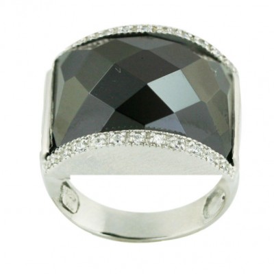 Sterling Silver Ring 18X22mm Garnet Cubic Zirconia Chess Cut with Clear Cubic Zirconia Top+Botto