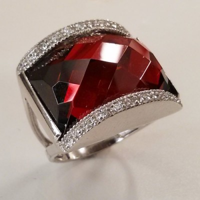 Sterling Silver Ring 18X22mm Garnet Cubic Zirconia Chess Cut with Clear Cubic Zirconia Top+Bottom