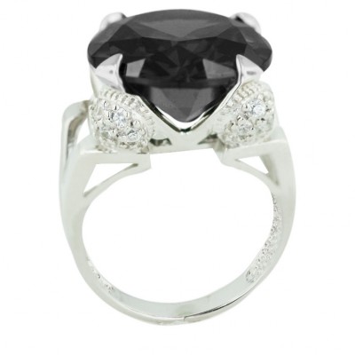 Sterling Silver Ring 13.5mm Black Cubic Zirconia Round with Clear Cubic Zirconia Edges--E-coated/Nickle Free-