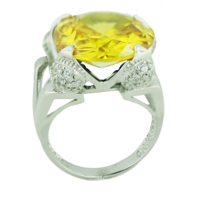 Sterling Silver Ring 13.5mm Canary Yellow Cubic Zirconia with Clear Cubic Zirconia Edges--Rhodium Plating